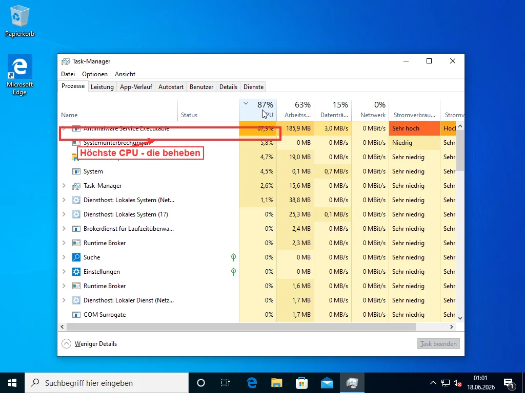 Windows Task-Manager nach der CPU-Spalte sortiert, mit Antimalware Service Executable oben in der Liste hervorgehoben