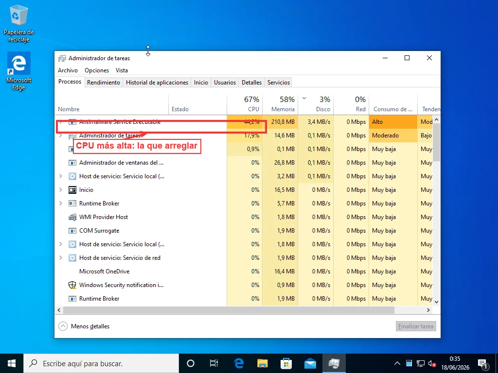Administrador de tareas de Windows ordenado por la columna CPU con Antimalware Service Executable resaltado en la parte superior de la lista