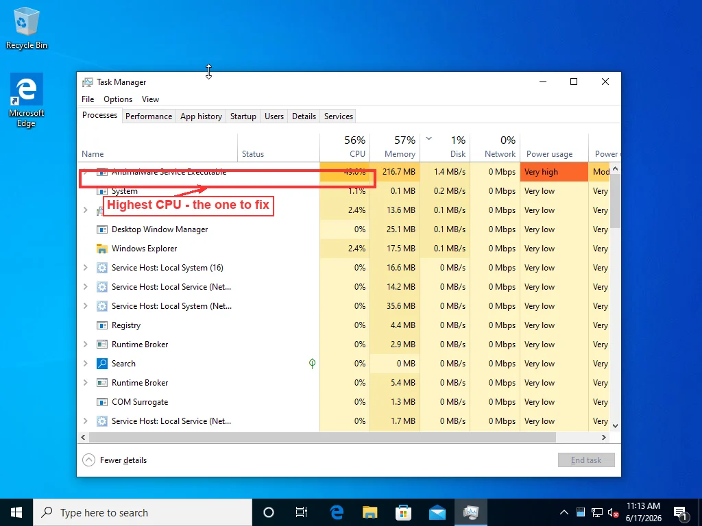 Windows Task Manager Processes tab sorted by the CPU column with Antimalware Service Executable highlighted at the top of the list