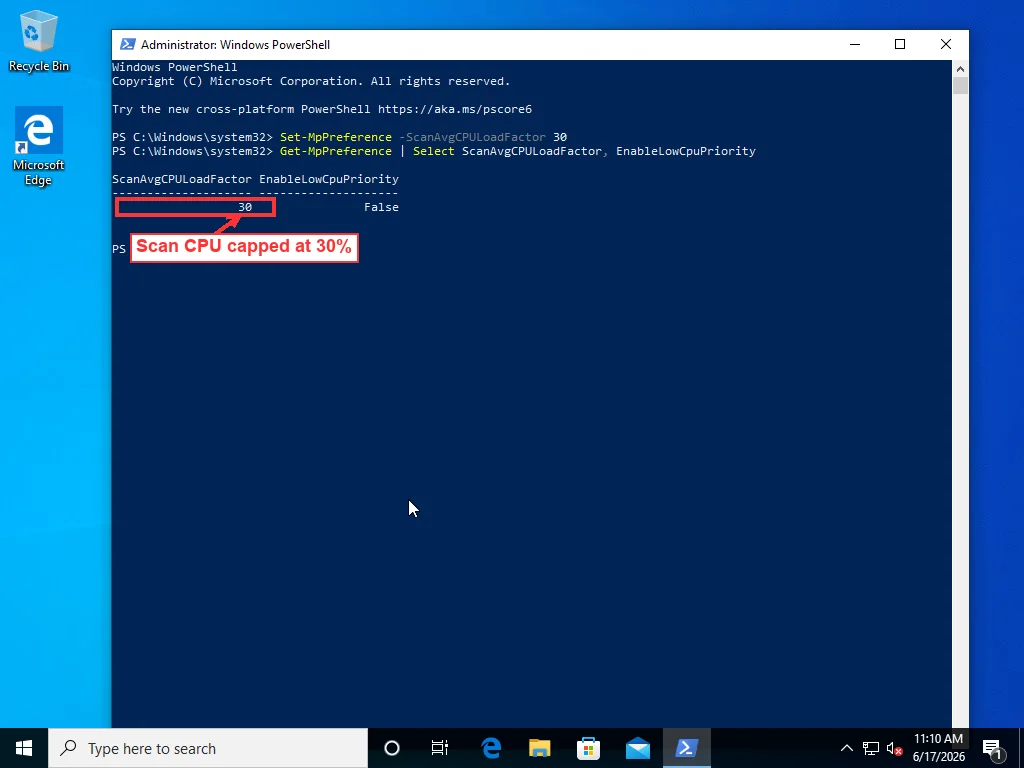 Administrator PowerShell window running Set-MpPreference -ScanAvgCPULoadFactor 30 and Get-MpPreference confirming the value