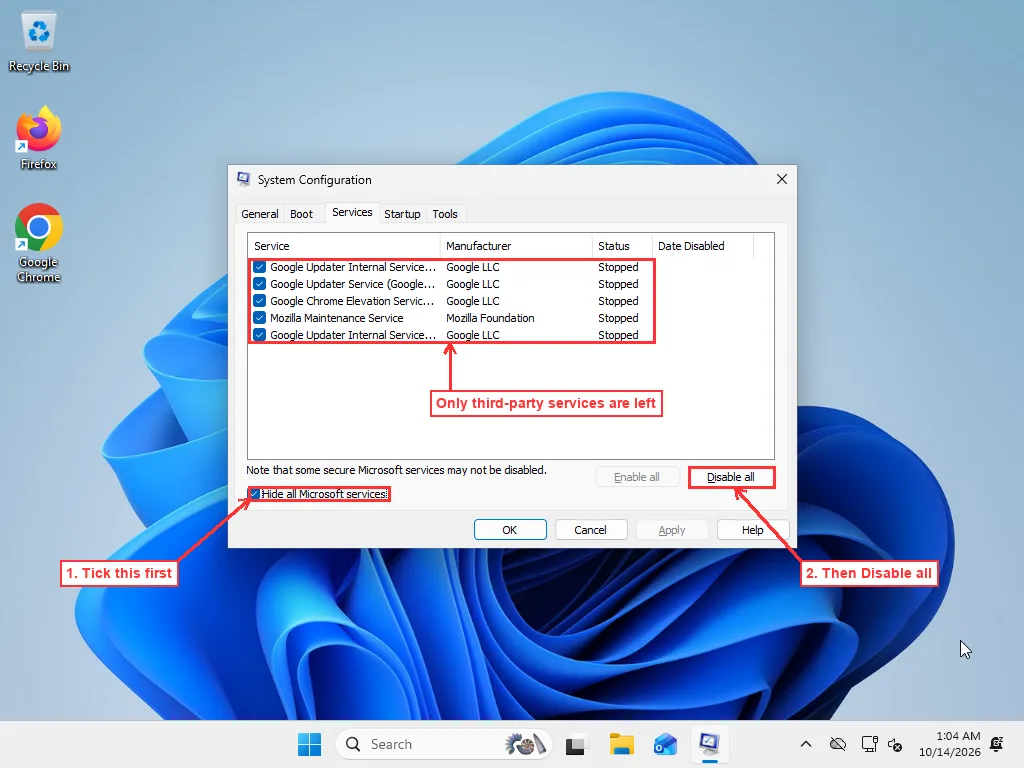 Windows 11 System Configuration Services tab with Hide all Microsoft services ticked, five third-party services listed and the Disable all button highlighted