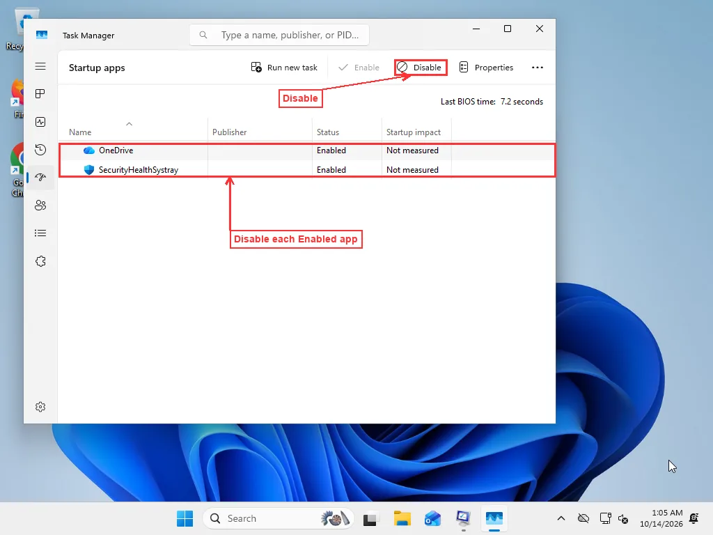 Windows 11 Task Manager Startup apps page with OneDrive and SecurityHealthSystray enabled and the Disable button highlighted