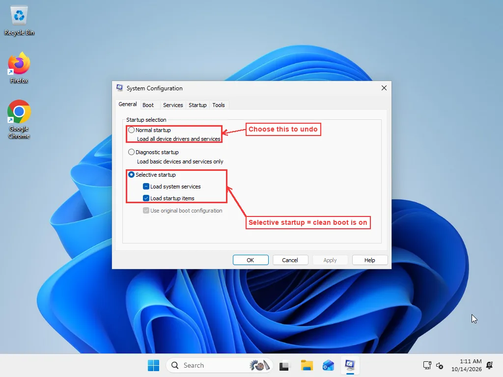 System Configuration General tab after restart showing Selective startup selected and Load system services partially checked