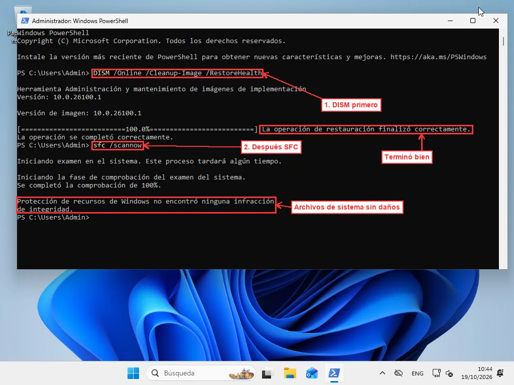 Windows PowerShell como administrador en Windows 11 en español con DISM RestoreHealth completado y sfc /scannow terminado sin infracciones de integridad