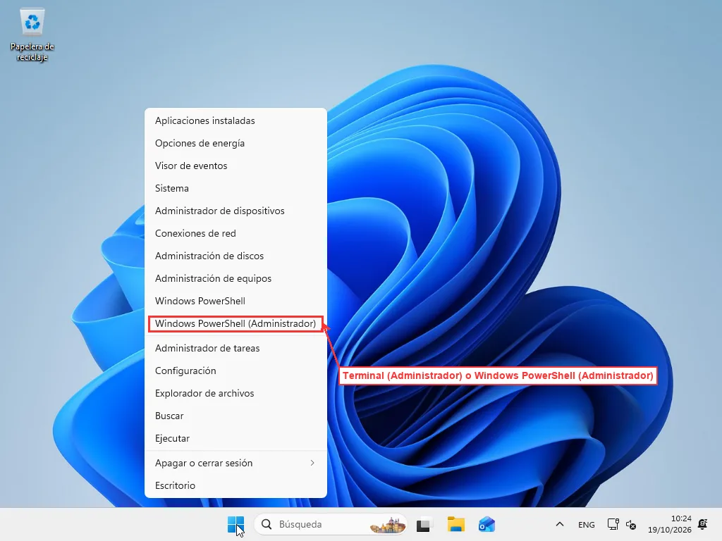 Menú del botón derecho de Inicio en Windows 11 en español con la opción Windows PowerShell (Administrador) señalada