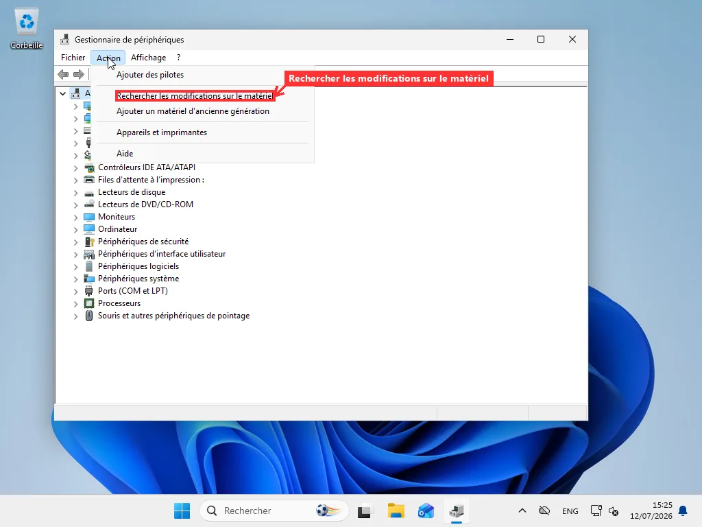 Gestionnaire de périphériques Windows avec le menu Action ouvert et l'option Rechercher les modifications sur le matériel mise en évidence, Cartes réseau sélectionné dans l'arborescence