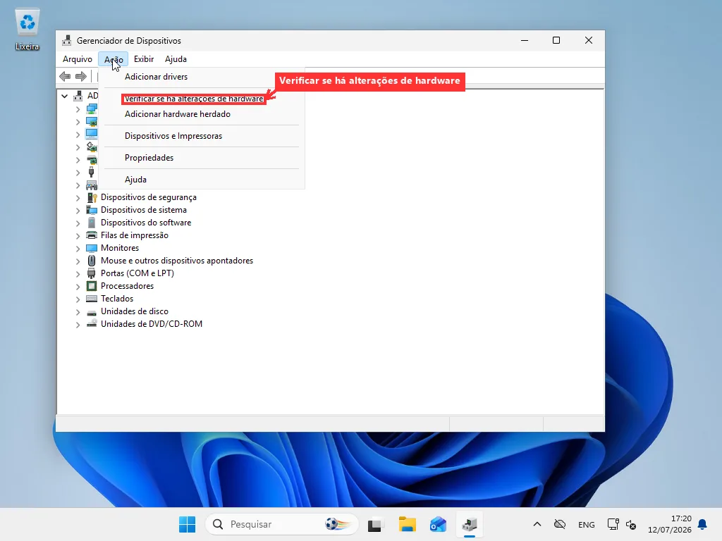 Gerenciador de Dispositivos do Windows com o menu Ação aberto e Verificar se há mudanças de hardware destacado, com Adaptadores de rede selecionado na árvore