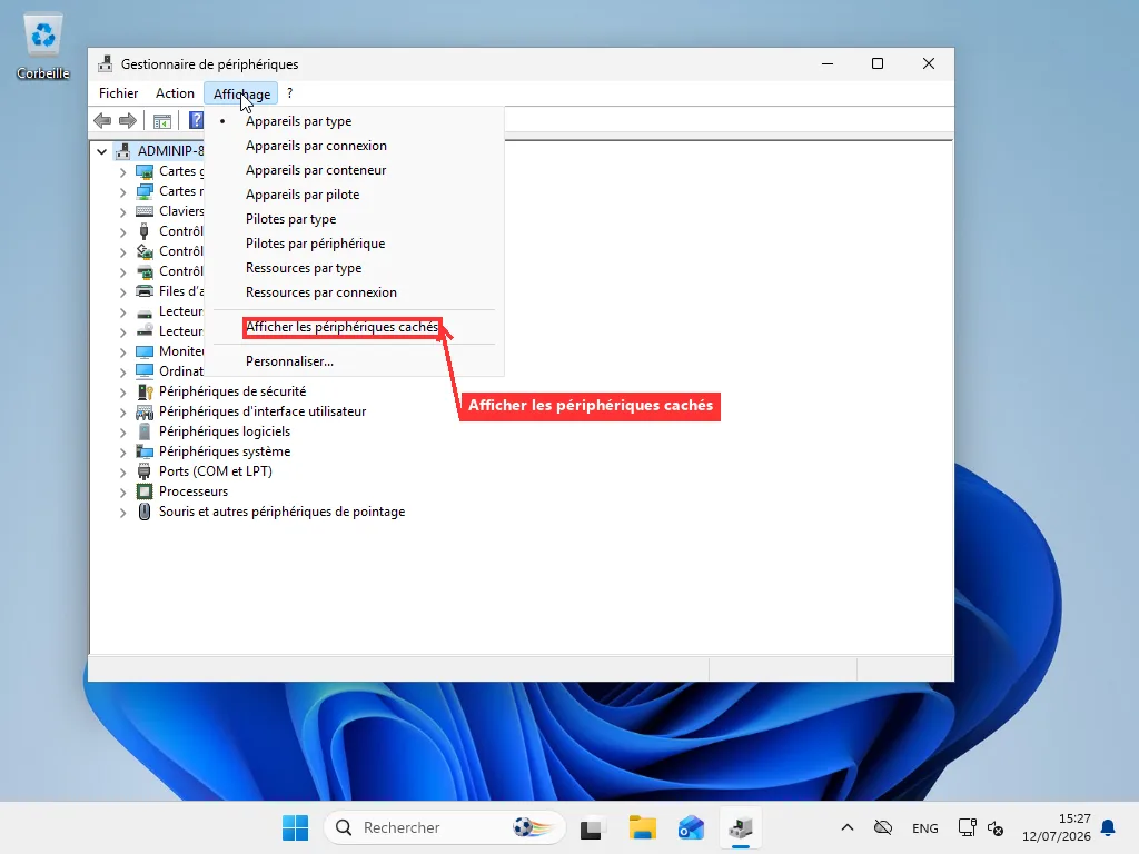 Gestionnaire de périphériques Windows avec le menu Affichage ouvert et l'option Afficher les périphériques cachés mise en évidence