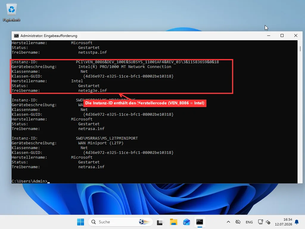 Eingabeaufforderung mit pnputil /enum-devices /class net, zeigt die Instance-ID und den Herstellernamen eines Netzwerkadapters