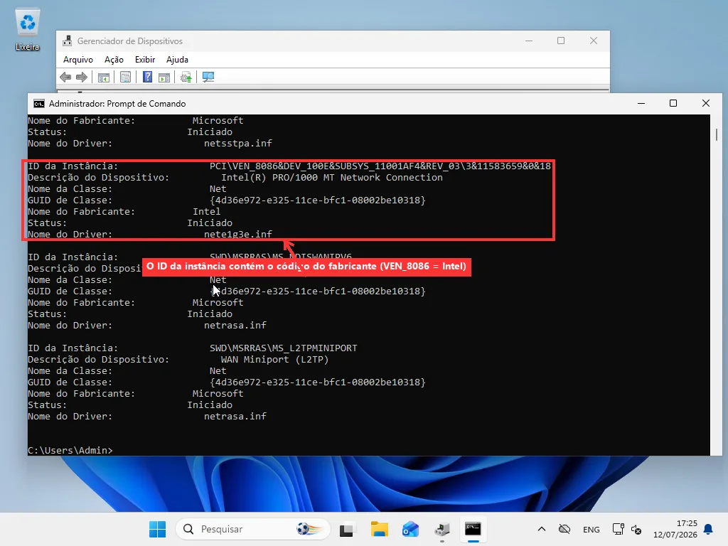 Prompt de Comando executando pnputil /enum-devices /class net, mostrando o Instance ID e o Manufacturer Name de uma placa de rede