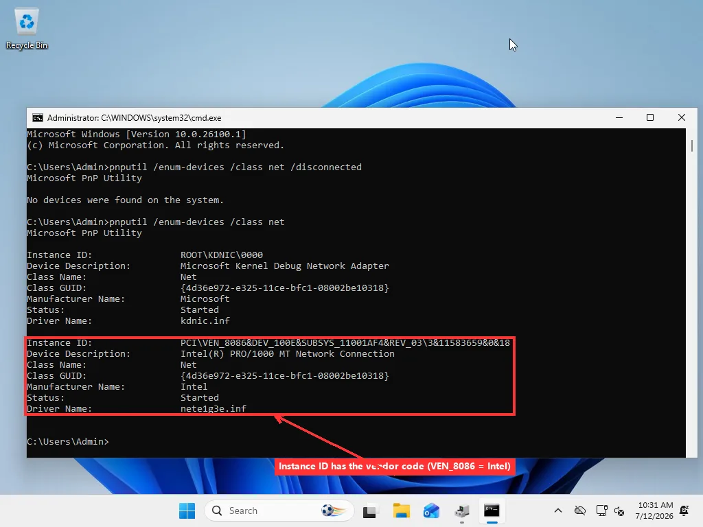 Command Prompt running pnputil /enum-devices /class net, showing a network adapter's Instance ID and Manufacturer Name