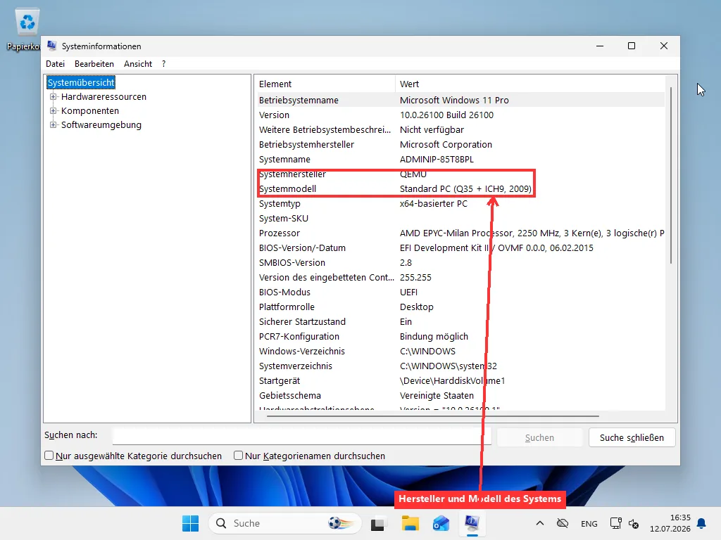 Windows Systeminformationen (msinfo32) mit hervorgehobenen Zeilen für Systemhersteller und Systemmodell