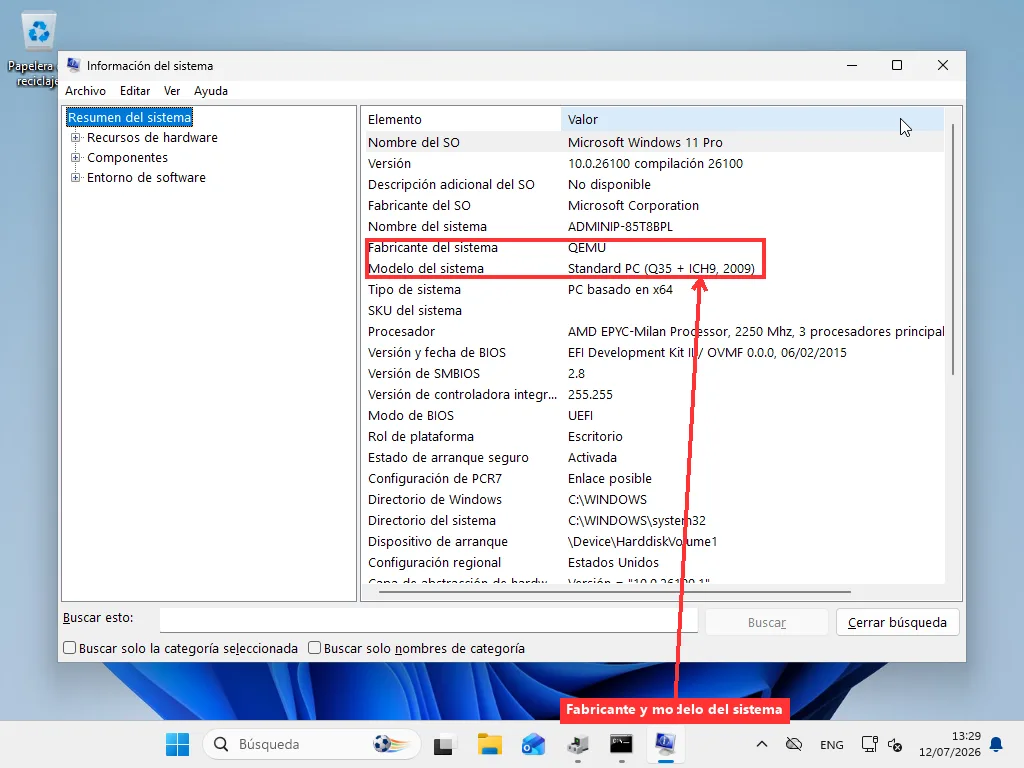 Ventana de Información del sistema de Windows (msinfo32) con las filas Fabricante del sistema y Modelo del sistema resaltadas