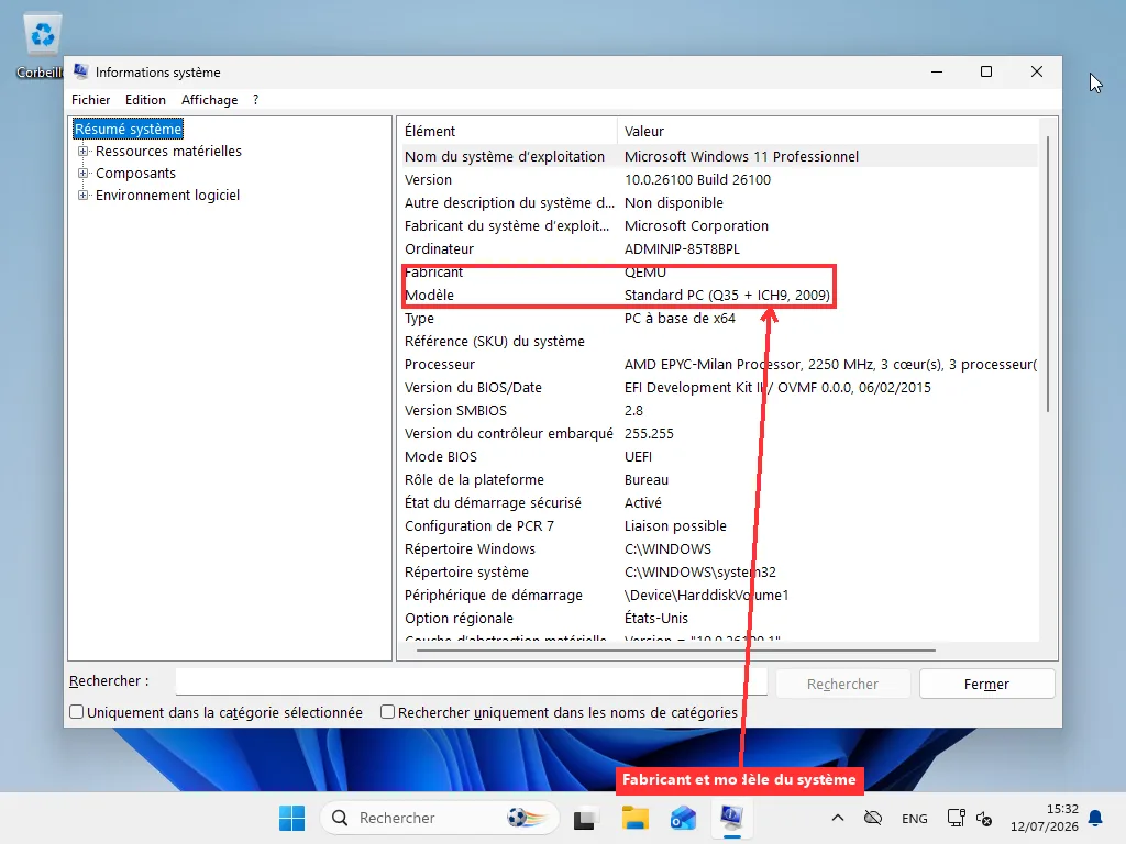 Fenêtre Informations système Windows (msinfo32) avec les lignes Fabricant du système et Modèle du système mises en évidence