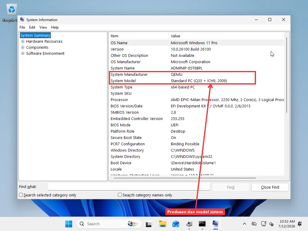 Jendela System Information (msinfo32) Windows dengan baris System Manufacturer dan System Model ditandai