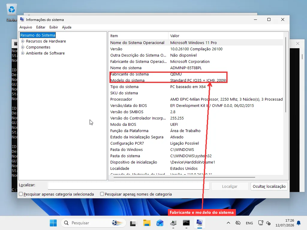 Janela de Informações do Sistema do Windows (msinfo32) com as linhas Fabricante do Sistema e Modelo do Sistema destacadas