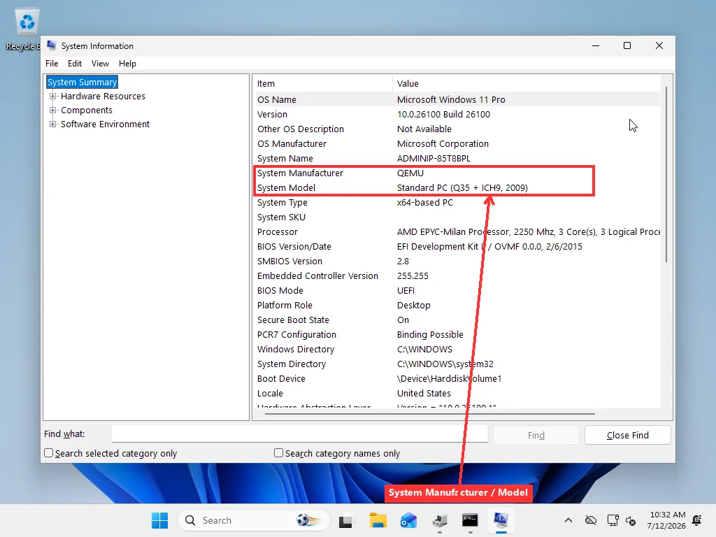 Windows System Information (msinfo32) window with the System Manufacturer and System Model rows highlighted