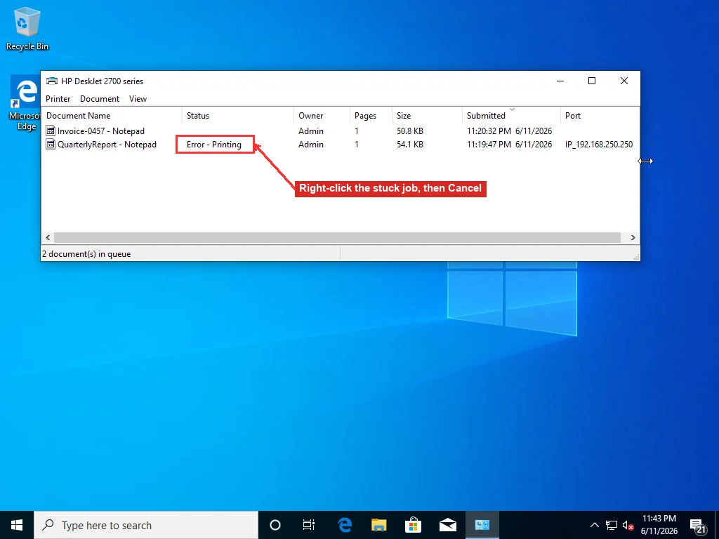Windows print queue window showing two pending documents, with one stuck job displaying Error - Printing in the Status column