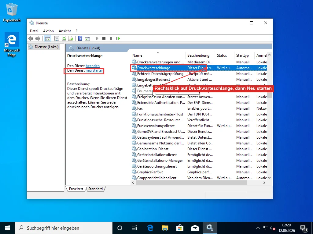 Windows-Dienstekonsole mit markiertem Dienst Druckwarteschlange und dem Link Dienst neu starten im linken Bereich