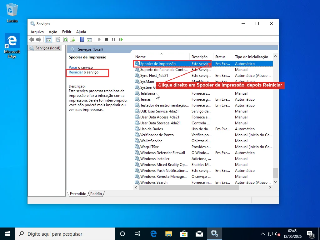 Console de Serviços do Windows com o serviço Spooler de Impressão selecionado e o link Reiniciar o serviço visível no painel esquerdo