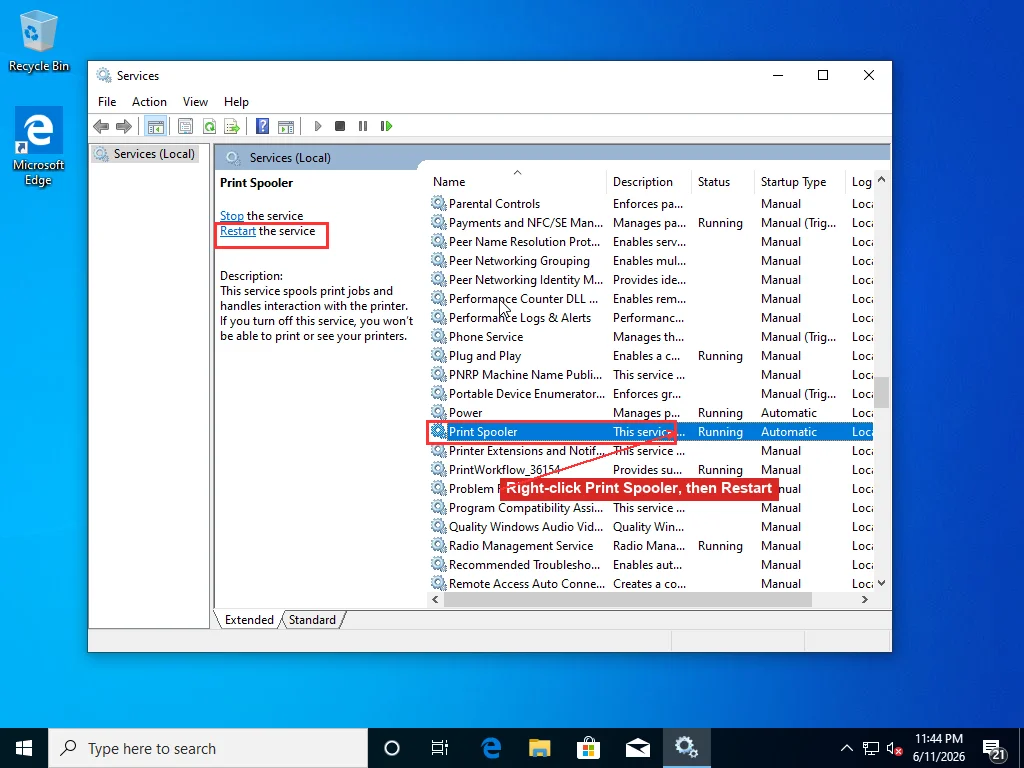 Windows Services console with the Print Spooler service selected, showing the Restart the service link in the left panel