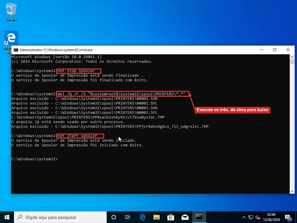 Prompt de Comando como administrador executando net stop spooler, apagando os arquivos SHD e SPL da pasta PRINTERS e rodando net start spooler