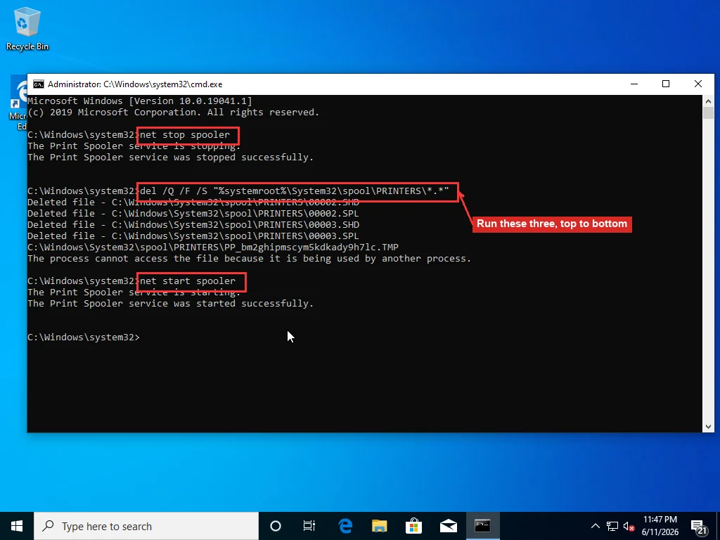 Elevated Command Prompt running net stop spooler, deleting SHD and SPL spool files from the PRINTERS folder, then net start spooler