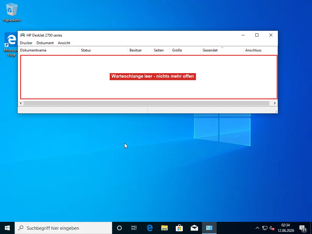 Dasselbe Windows-Druckwarteschlangenfenster nach dem Leeren des Spool-Ordners jetzt komplett leer, ohne wartende Dokumente