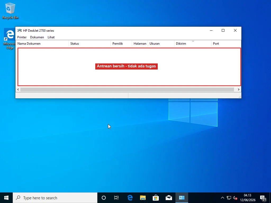 Jendela antrean cetak Windows yang sama kini benar-benar kosong setelah folder spool dikosongkan, tanpa dokumen tertunda