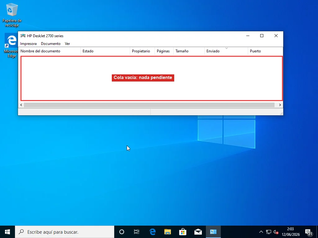 La misma ventana de la cola de impresión de Windows ahora completamente vacía tras purgar la carpeta de spool, sin documentos pendientes