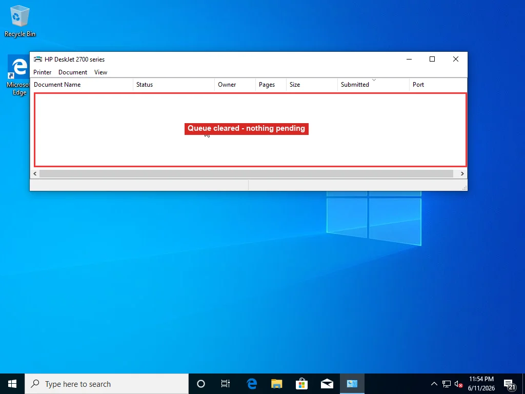 The same Windows print queue window now completely empty after purging the spool folder, with no pending documents listed