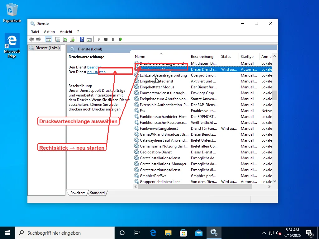Windows-Dienstekonsole mit ausgewähltem Dienst Druckwarteschlange, der seinen Status und den Link Dienst neu starten im linken Bereich zeigt