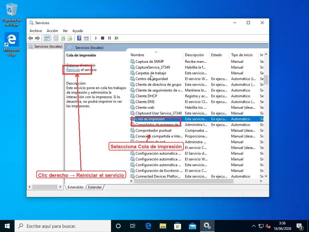 Consola de Servicios de Windows con el servicio Cola de impresión seleccionado, mostrando su estado y el enlace Reiniciar el servicio en el panel izquierdo