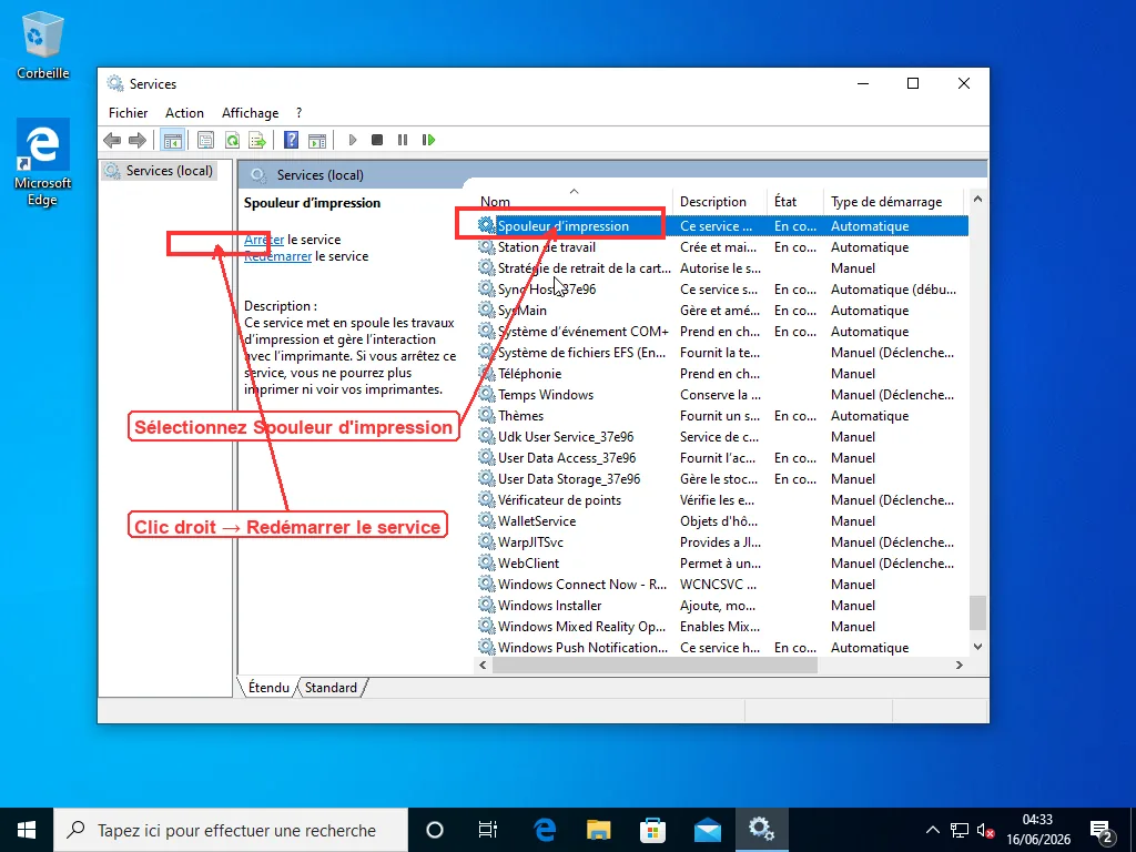Console Services de Windows avec le service Spouleur d'impression sélectionné, affichant son état et le lien Redémarrer le service dans le panneau de gauche