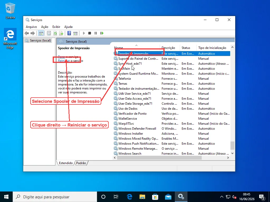 Console de Serviços do Windows com o serviço Spooler de Impressão selecionado, mostrando seu status e o link Reiniciar o serviço no painel esquerdo