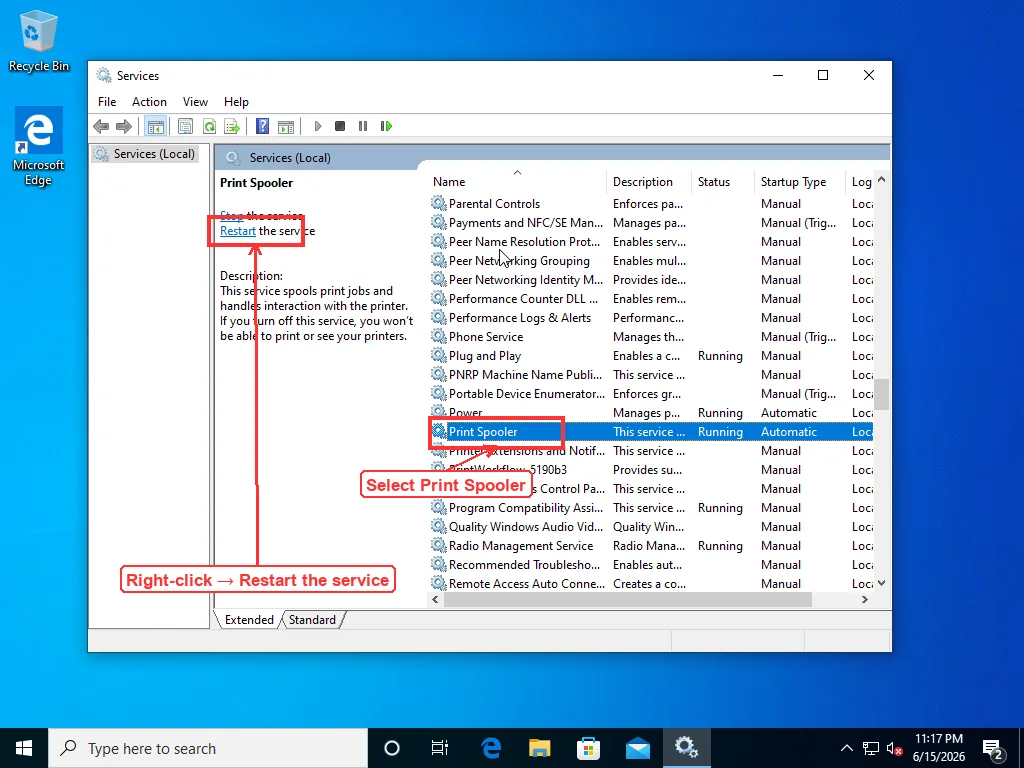 Windows Services console with the Print Spooler service selected, showing its Status and the Restart the service link in the left panel