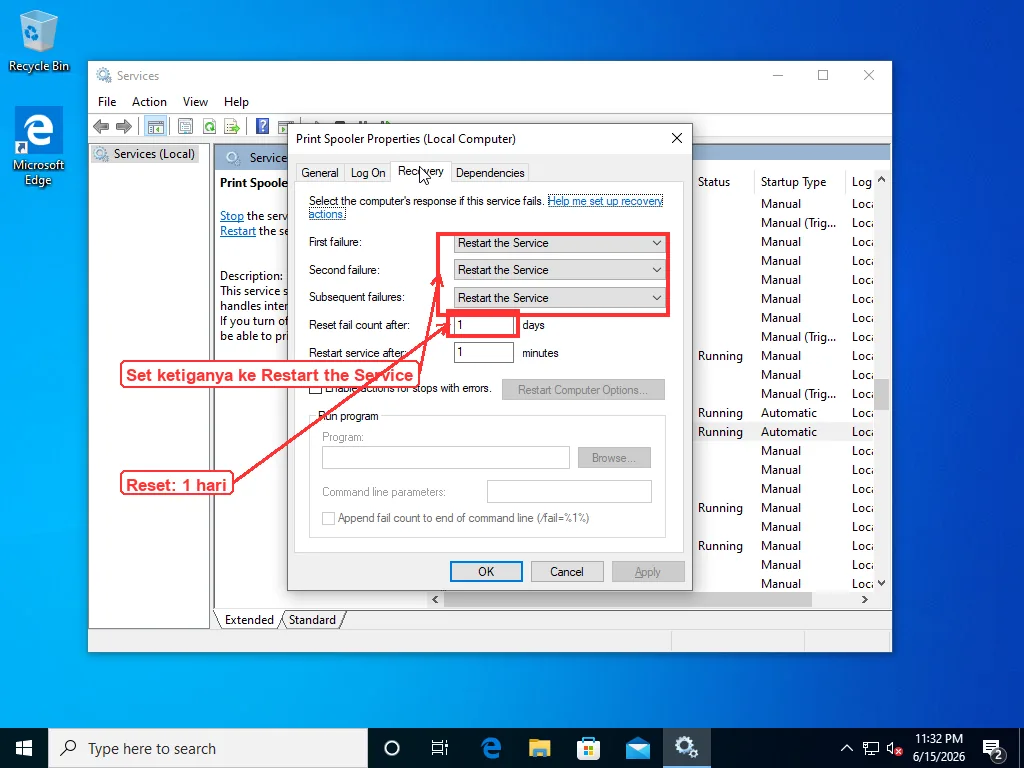 Print Spooler Properties di tab Recovery dengan First, Second, dan Subsequent failures semuanya disetel ke Restart the Service