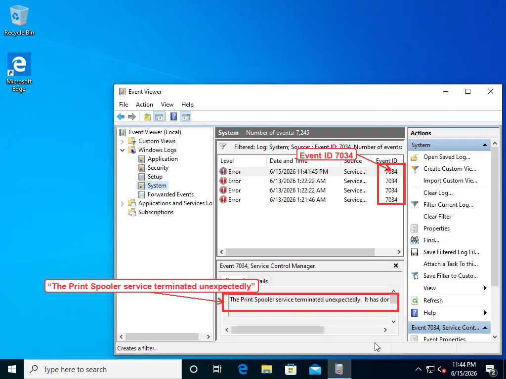 Event Viewer System log with an Event ID 7034 error from Service Control Manager reading The Print Spooler service terminated unexpectedly