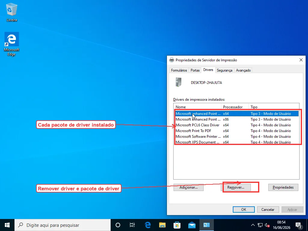 Propriedades do Servidor de Impressão na aba Drivers listando os pacotes de driver de impressora instalados com o botão Remover destacado
