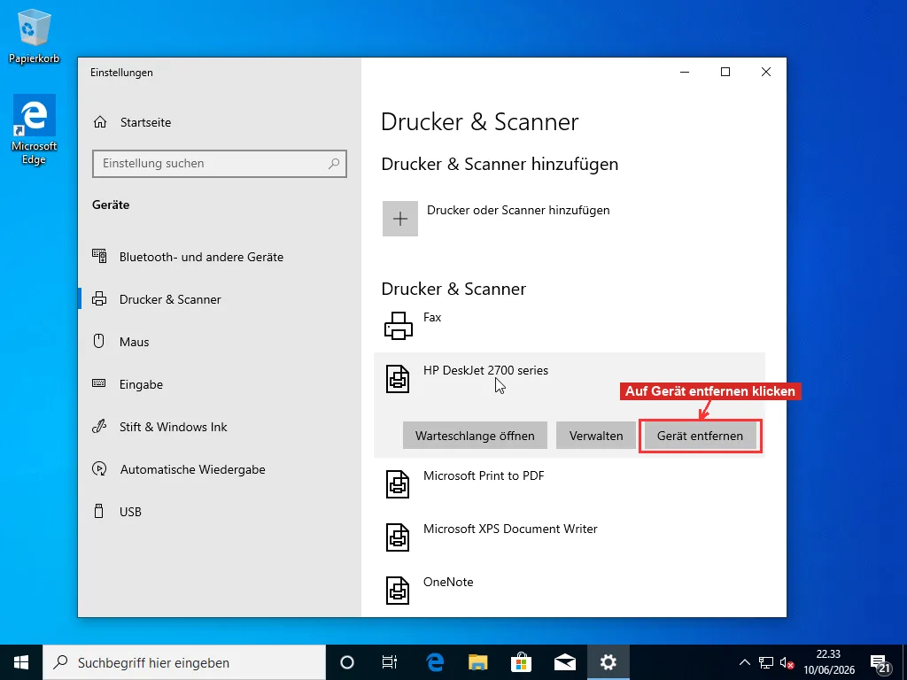Windows-Einstellungen, Seite Drucker und Scanner mit aufgeklapptem Druckereintrag und rot umrandeter Schaltfläche Gerät entfernen