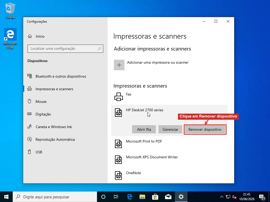 Página Impressoras e scanners das Configurações do Windows com uma impressora expandida e o botão Remover dispositivo destacado com um retângulo vermelho