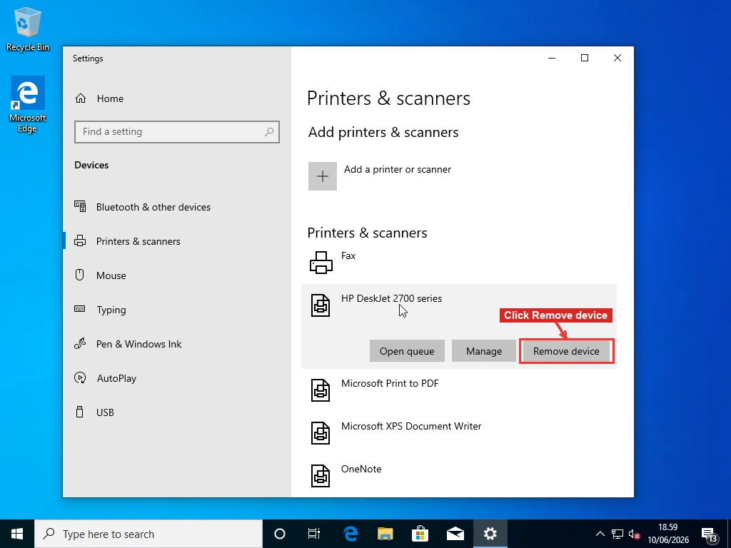 Windows Settings Printers and scanners page with a printer entry expanded and the Remove device button highlighted with a red box