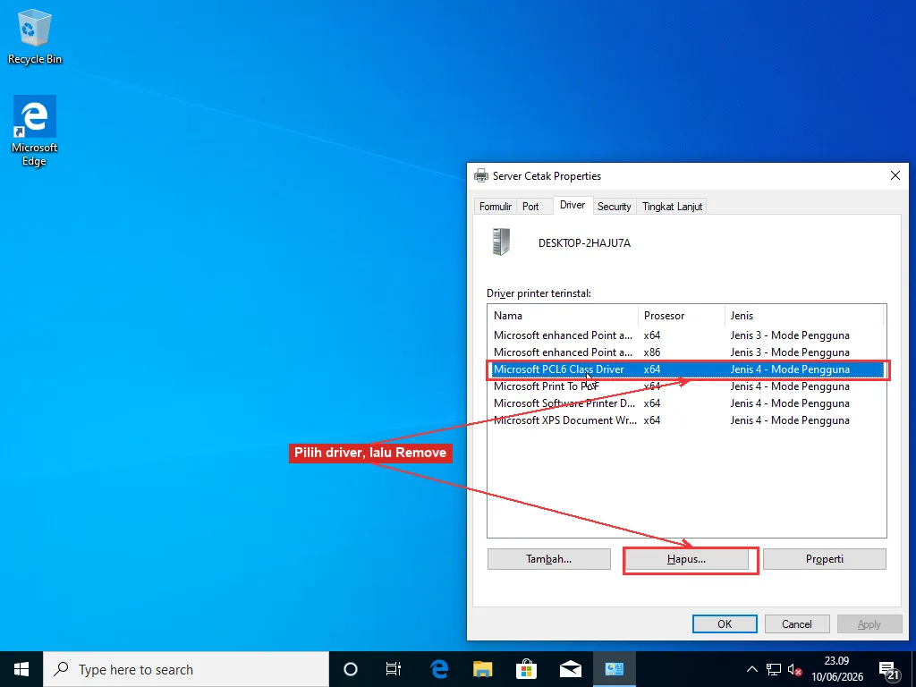 Jendela Print Server Properties terbuka di tab Drivers lewat printui /s /t2, dengan baris driver dan tombol Remove ditandai merah