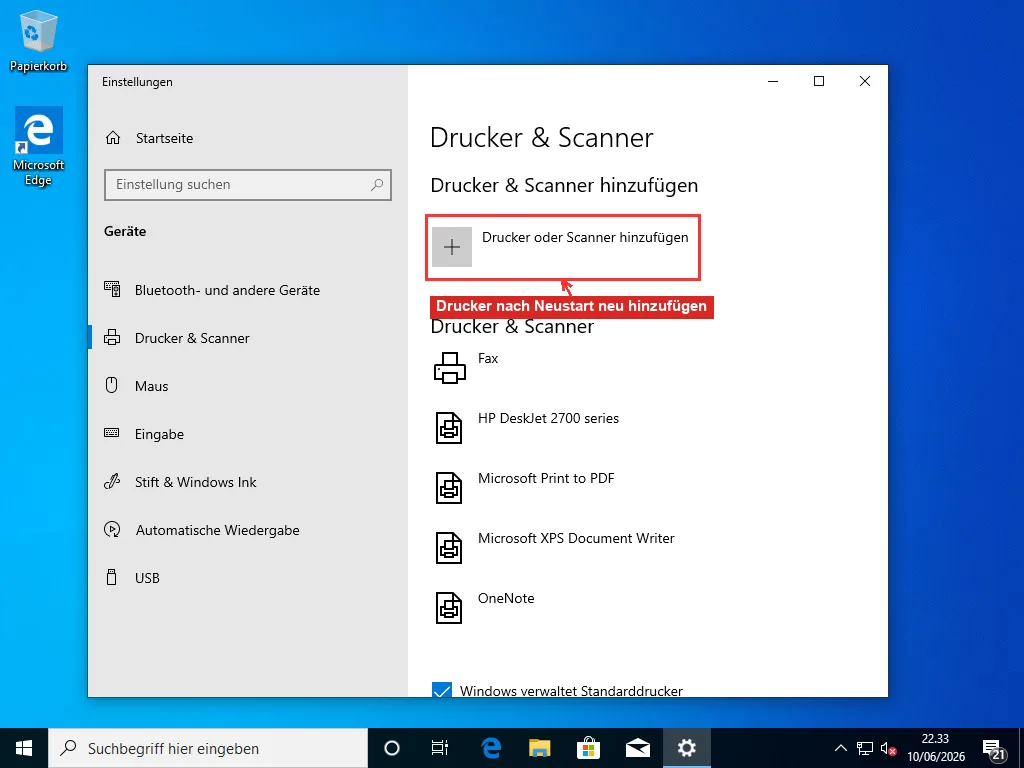Windows-Einstellungen, Seite Drucker und Scanner mit rot umrandeter Schaltfläche Drucker oder Scanner hinzufügen für das erneute Hinzufügen nach dem Neustart