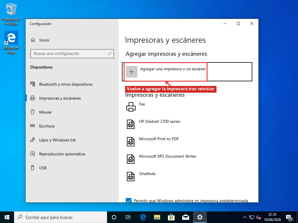 Página de Impresoras y escáneres de la Configuración de Windows con el botón Agregar una impresora o un escáner resaltado en rojo para volver a agregar la impresora tras el reinicio