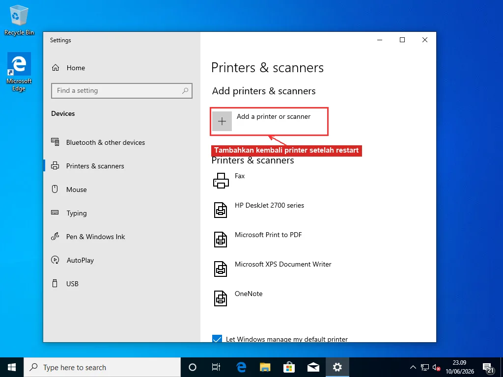 Halaman Printers and scanners di Settings Windows dengan tombol Add a printer or scanner ditandai merah untuk menambahkan kembali printer setelah restart