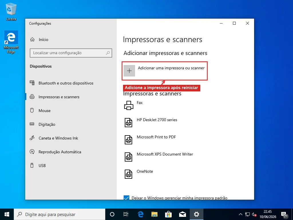 Página Impressoras e scanners das Configurações do Windows com o botão Adicionar impressora ou scanner destacado em vermelho para readicionar a impressora após reiniciar