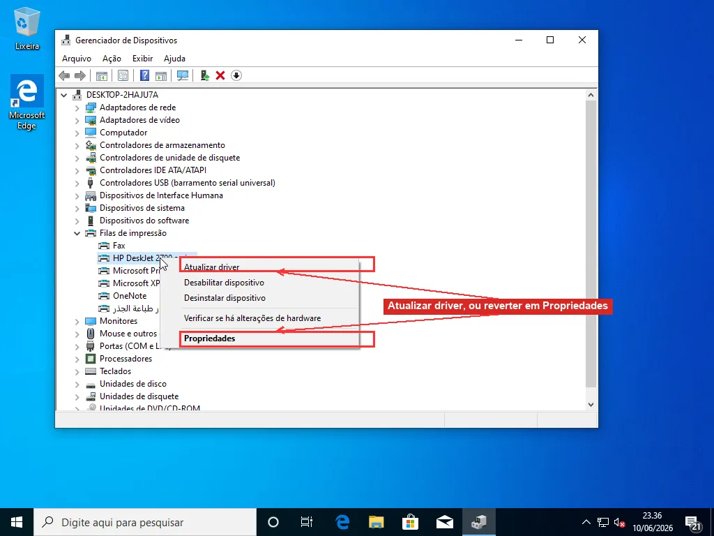 Gerenciador de Dispositivos com Filas de impressão expandido e o menu de contexto da impressora aberto, destacando Atualizar driver e Propriedades para a opção Reverter Driver