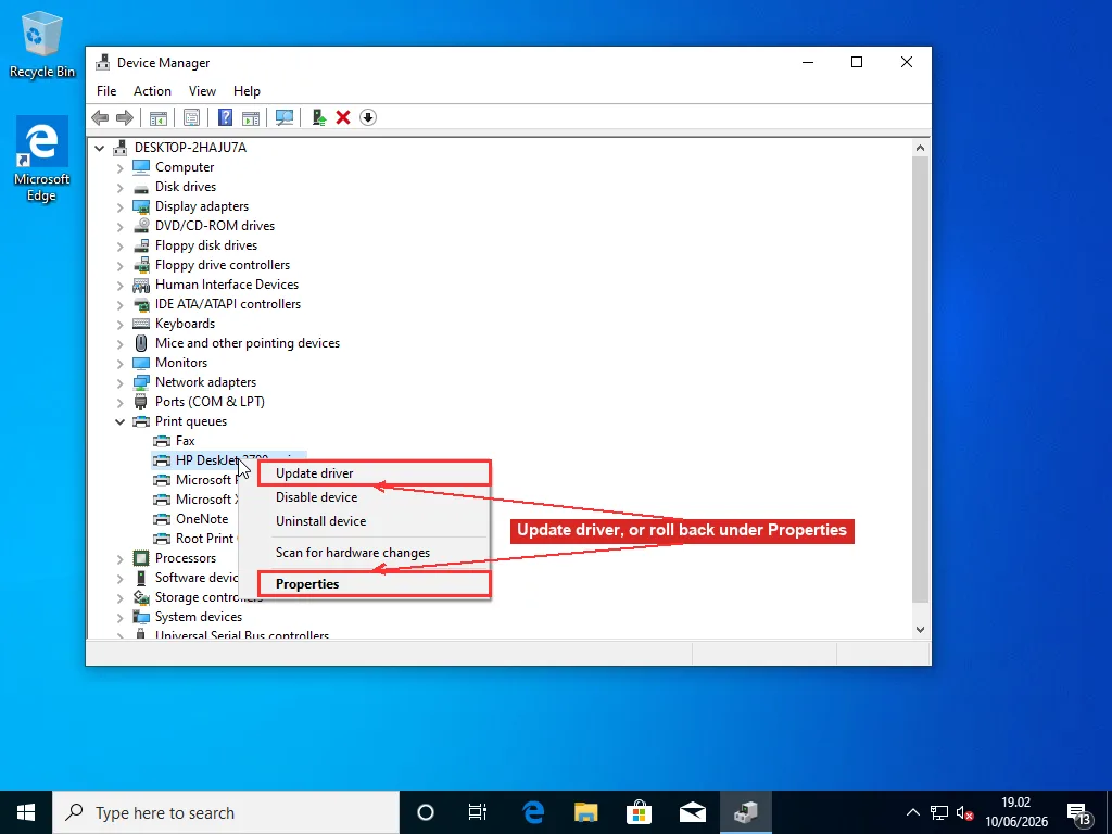 Device Manager with Print queues expanded and the printer right-click context menu open, highlighting Update driver and Properties for the Roll Back Driver option