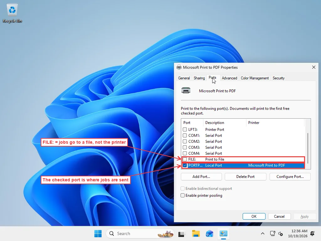 Printer properties Ports tab listing ports including FILE: Print to File